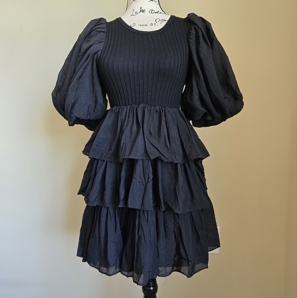 Sofie the Label black ruffle mini dress puff sleeve womens S